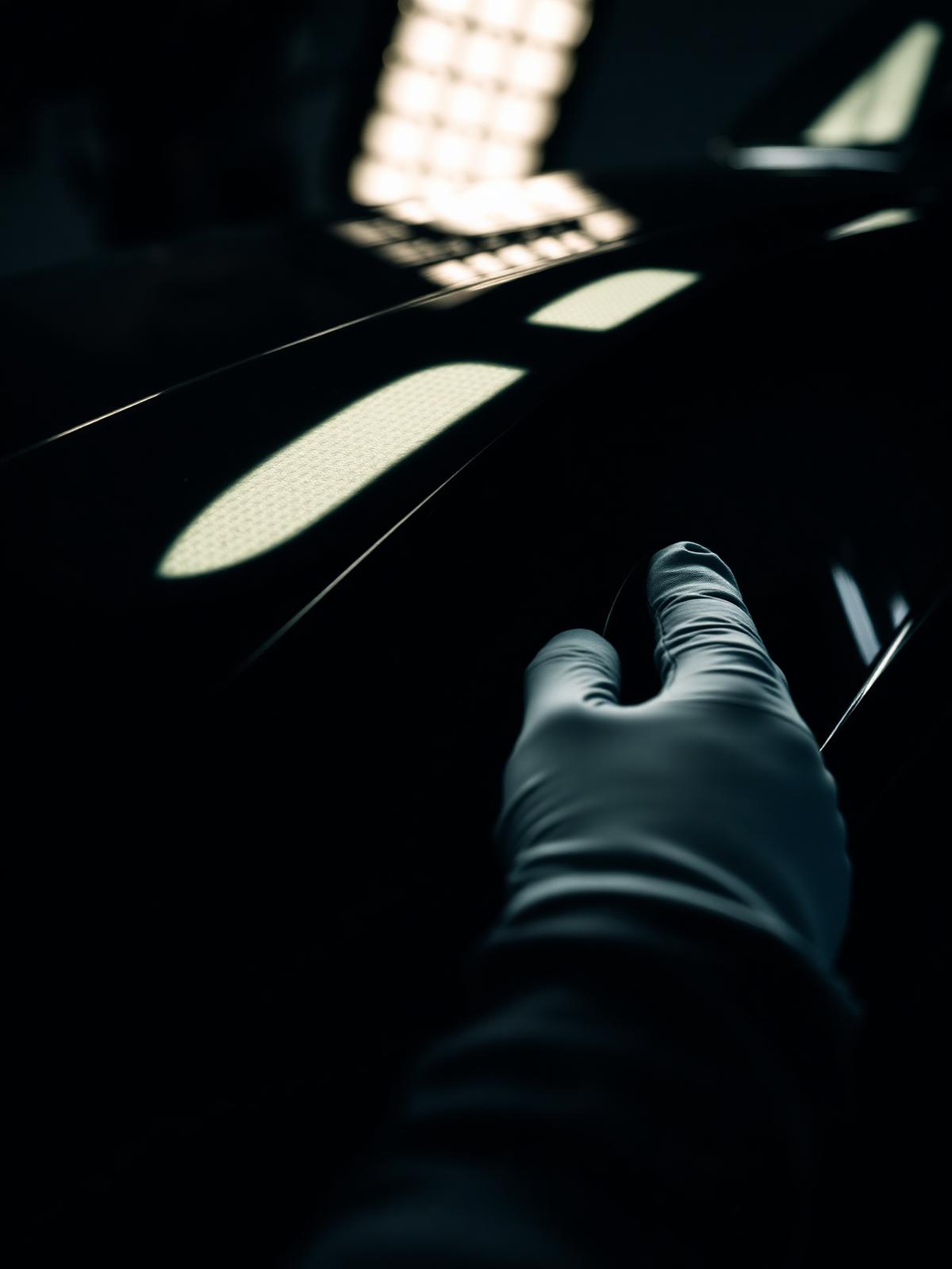 Technician's gloved hand inspecting a freshly restored black car panel